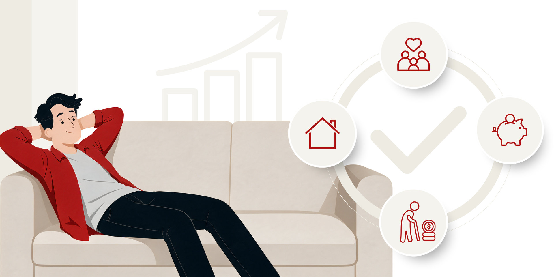 Person sitzt entspannt auf einem Sofa, umgeben von Symbolen für Familie, Wohnen, Sparen und Altersvorsorge. Die Darstellung steht für finanzielle Sicherheit und Zukunftsplanung.