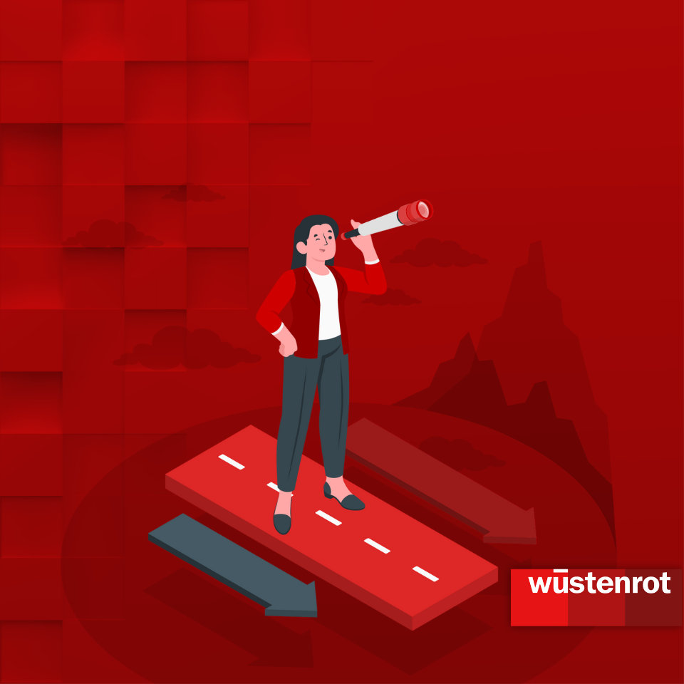 Grafik von einer Frau, die mit einem Fernglas in die Weite blickt