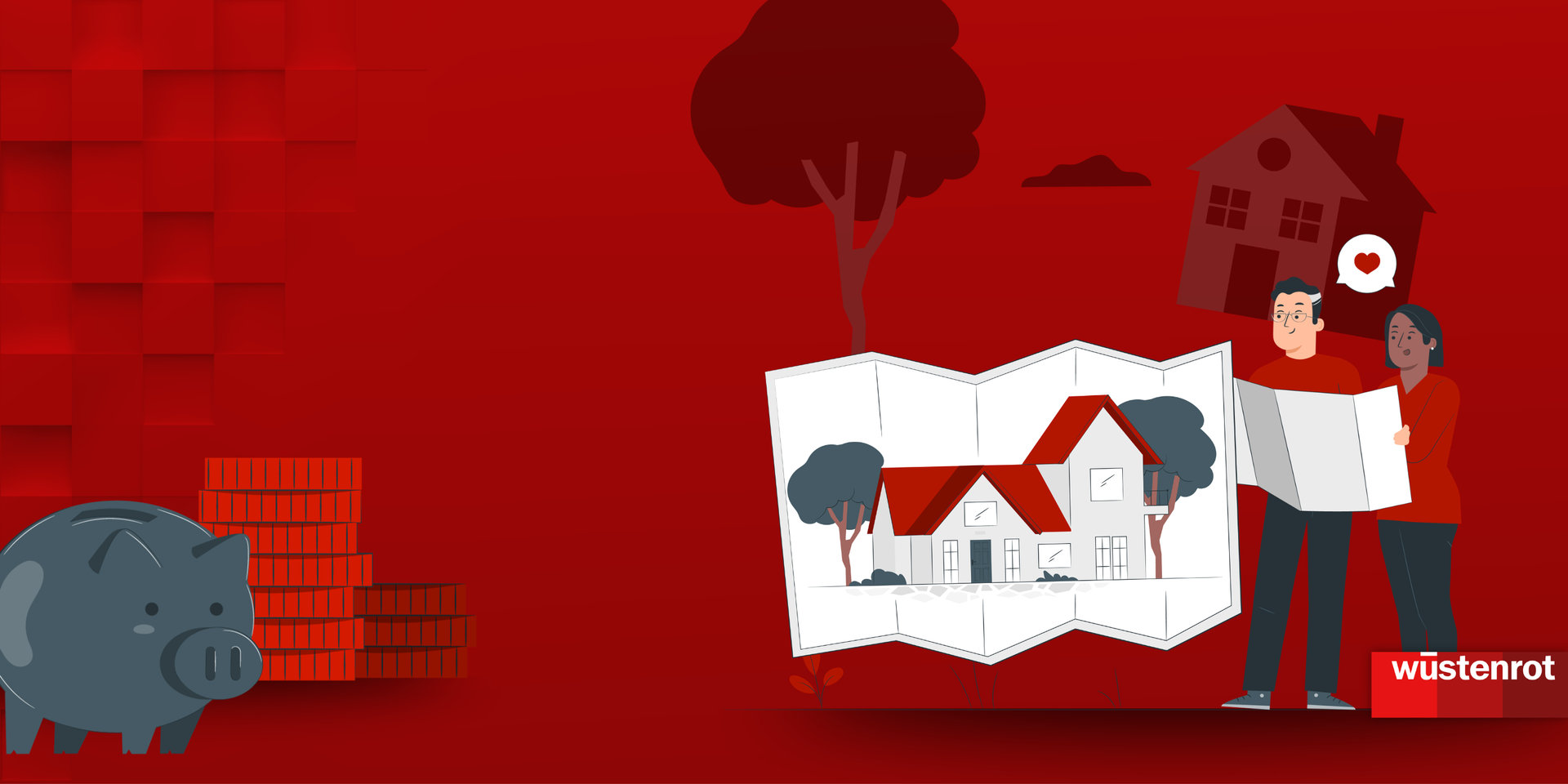Illustration einer Immobilie auf einer aufgeklappten Karte; daneben zwei Personen, die gemeinsam den Plan betrachten, im Hintergrund angedeutete Häuser und Bäume.