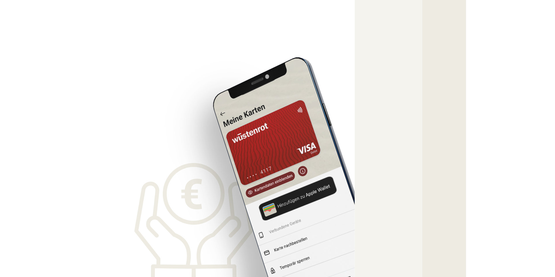 Smartphone mit schräg dargestellter Banking‑App, die eine rote VISA‑Kreditkarte von „wüstenrot“ und Menüoptionen darunter zeigt.