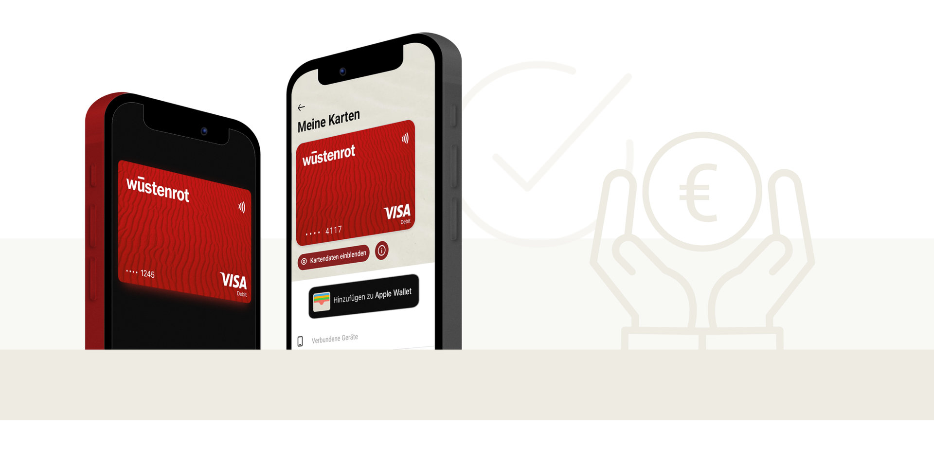 Zwei Smartphones mit Wüstenrot Visa-Karten in einer Banking-App, daneben Symbolgrafik für sicheren Geldschutz