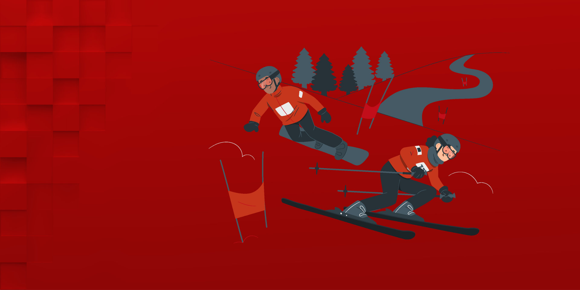 Skifahrerin und Snowboarder auf einer Piste mit Toren