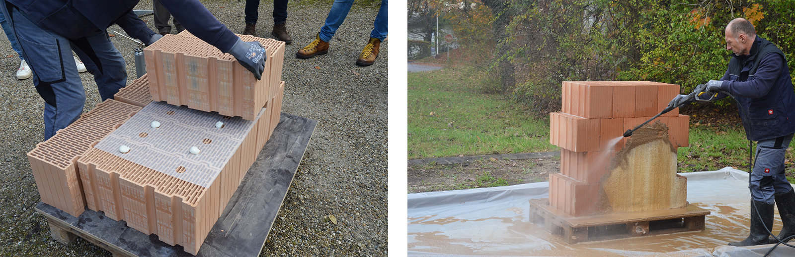 Hohlbausteine werden mit einem Wasserstrahl gesäubert