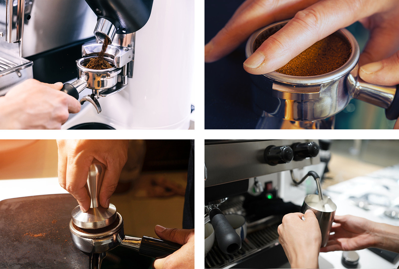 Verschiedene Schritte der Kaffeezubereitung