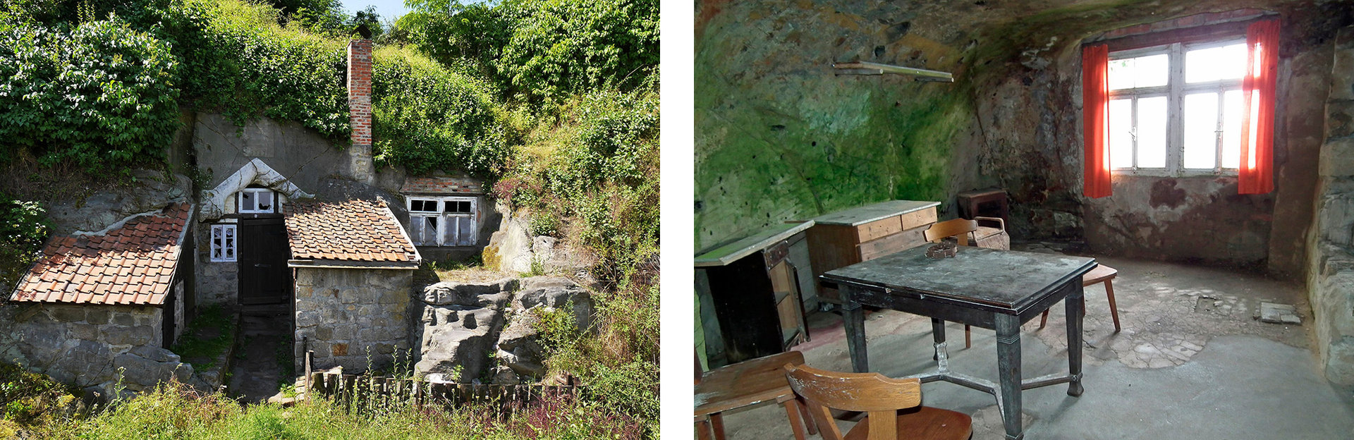 Zwei Bilder. Links ein altes Steinhaus von Vegetation etwas zugewuchert. Rechts eine Innenansicht eines der Räume.  