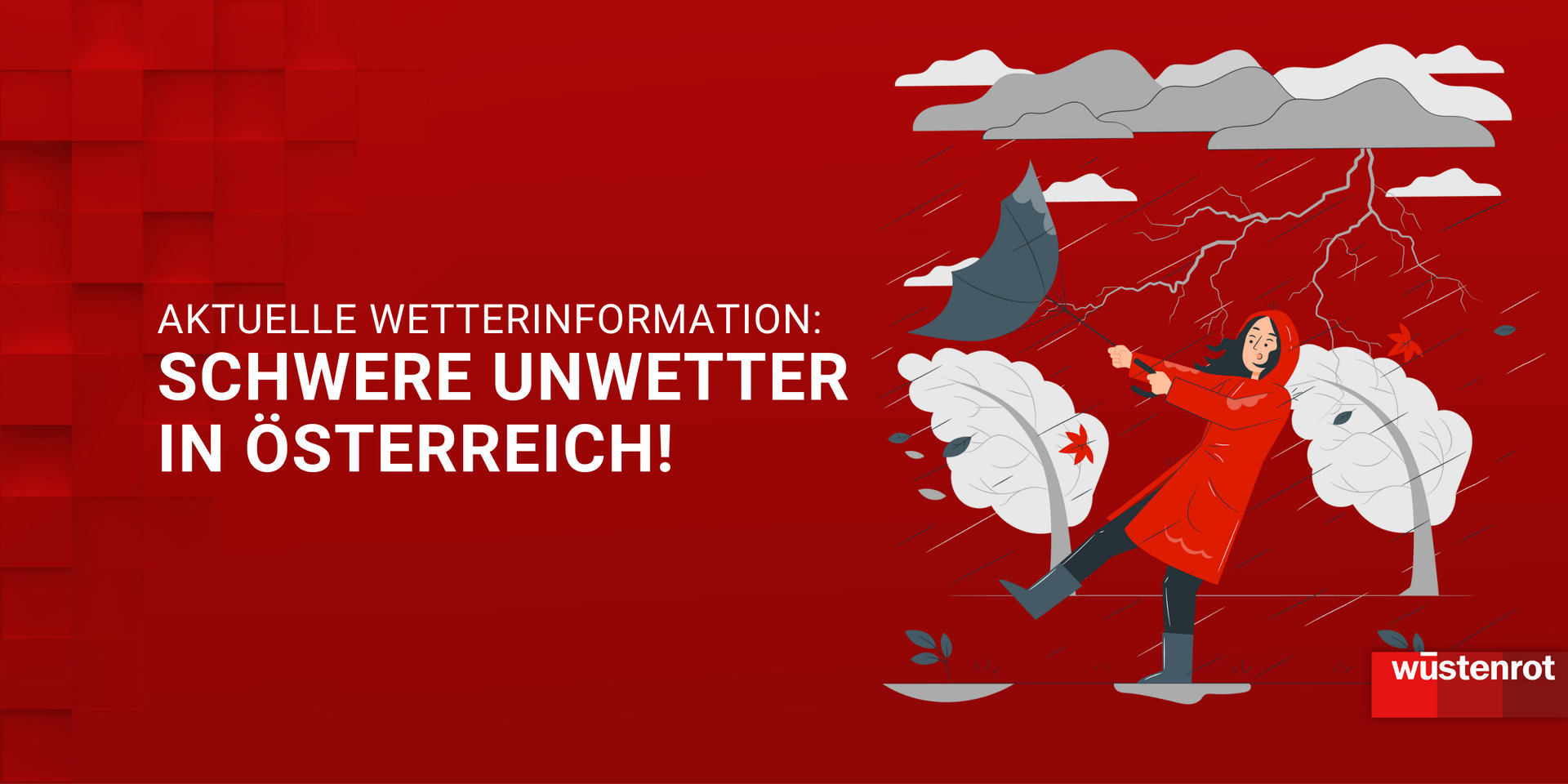 Grafik zur Unwetterwarnung in Österreich mit Frau im Regenmantel mit Regenschirm