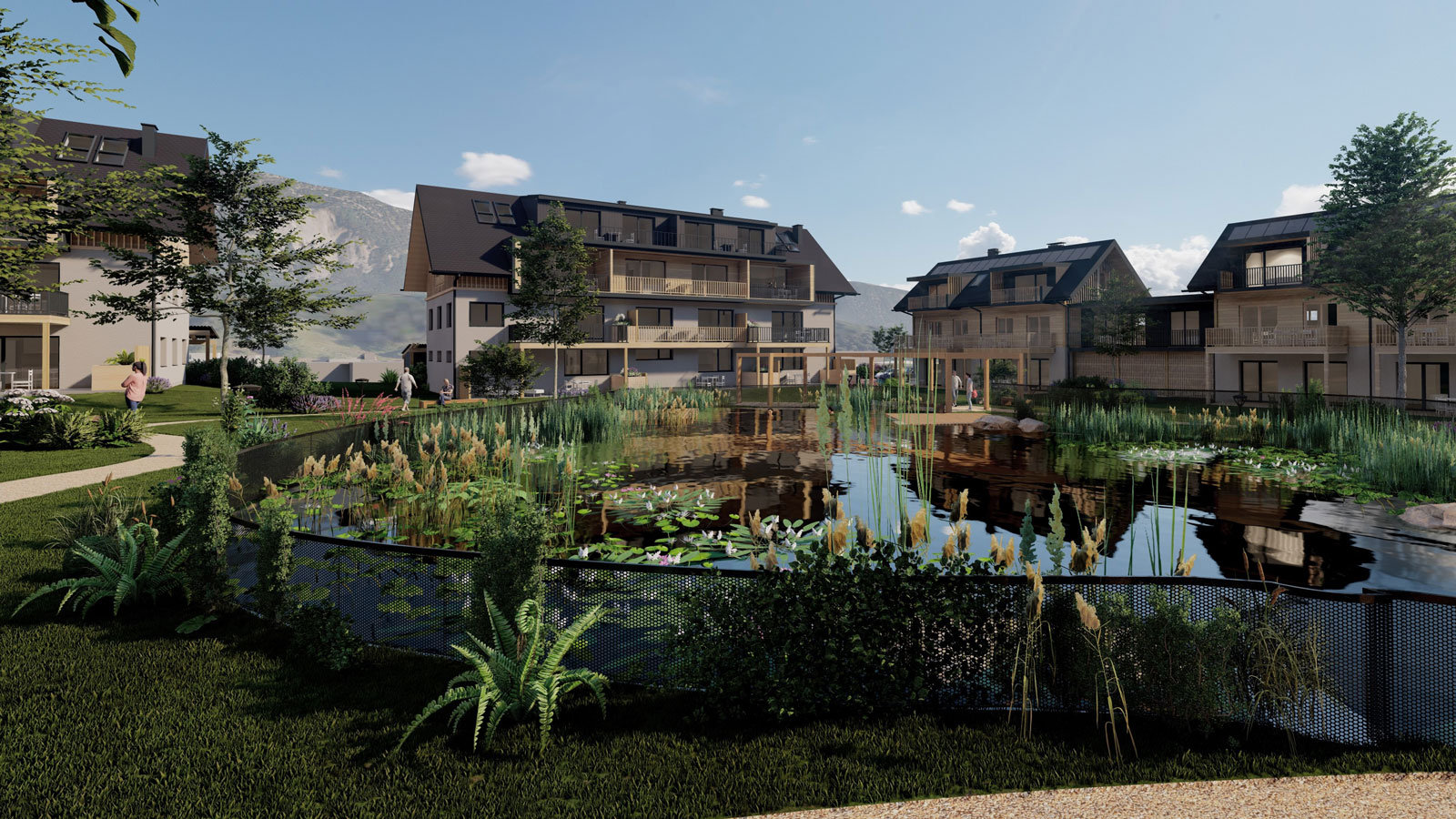 Visualierung: ein Garten mit Teich im Zentrum des Dorfes