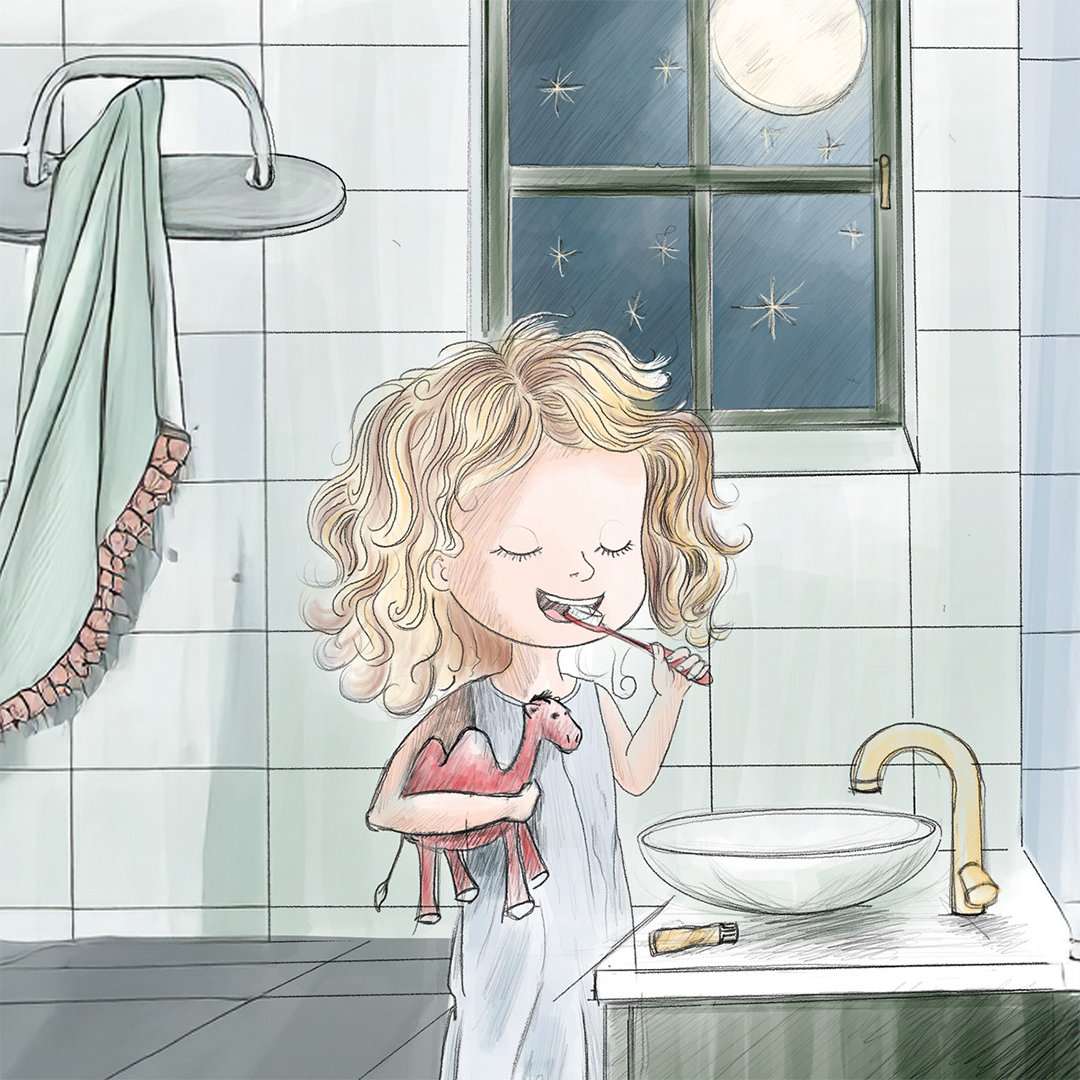 Junges Mädchen namens Fannie steht im Bad und putzt Zähne, ihr Kuschel-Kamel in der Hand