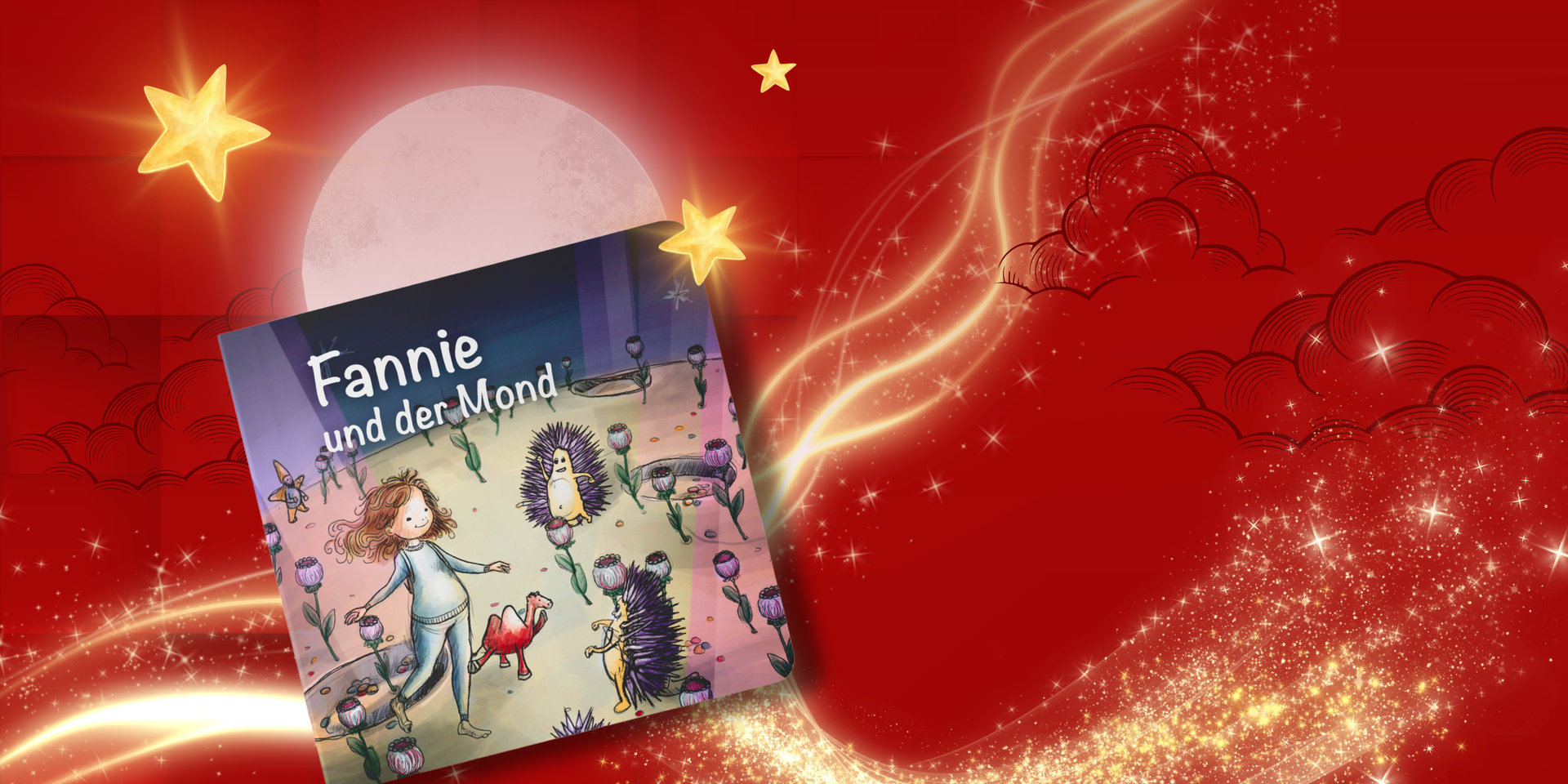 Mini-Buch zeigt junges Mädchen mit Igelfiguren auf einer Mondlandschaft