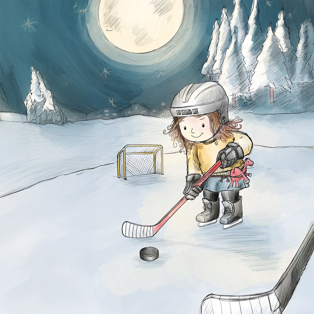 Junges Mädchen spielt Eishockey im Mondschein