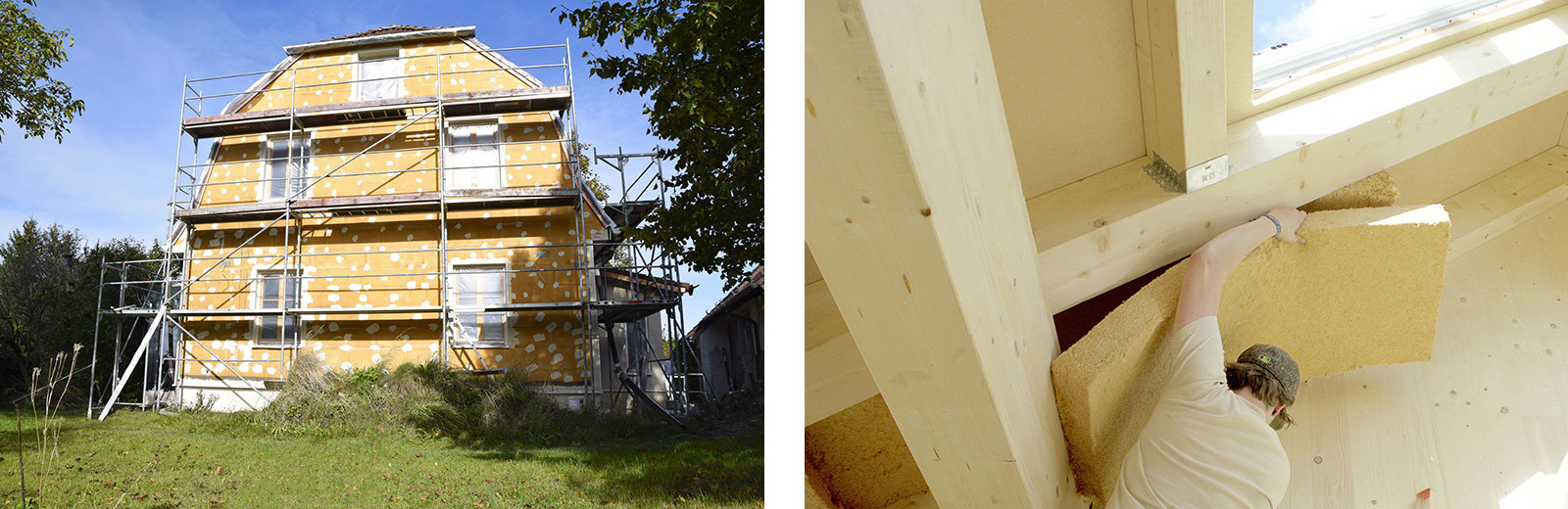 li: Wärmedämmverbundsysten mit Holzfaser, re: Dachsanierung