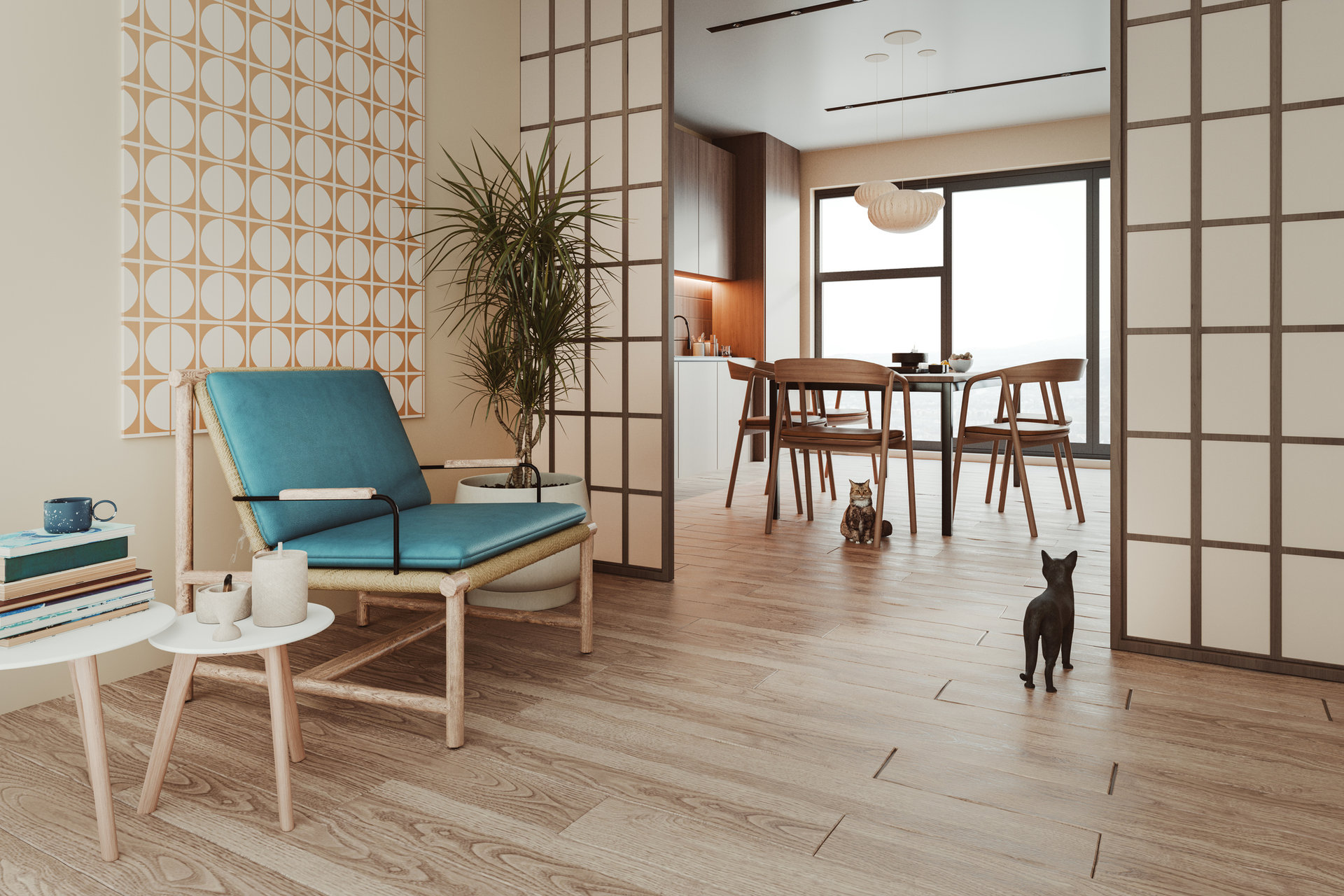 Apartment in Japandi style design. 3D generated image. Image on the wall is my own and it's 3D generated as well. Japandi is interior fusion of Japanese and Scandinavian architectural styles.