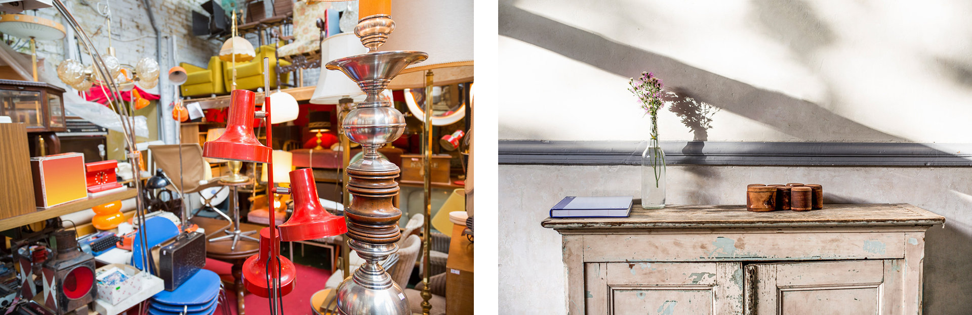 Zwei fotos, das rechte zeigt antike Lampen, das linke ein ästhetisch dekoriertes Sideboard