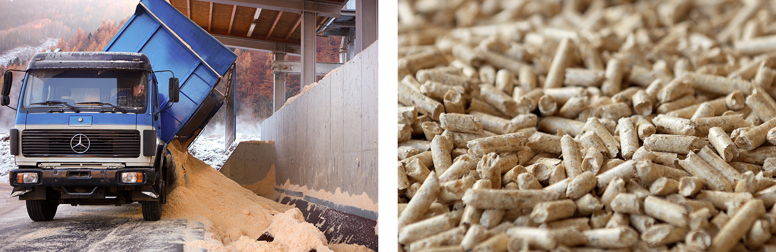 links: Anlieferung von Sägemehl für Pelletproduktion, rechts: Pellets