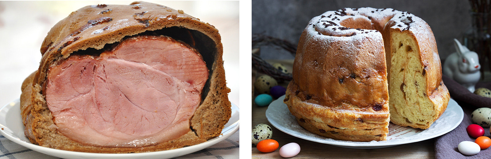 Osterspezialitäten, links: Schinken im Brotteig, rechts: Reindling