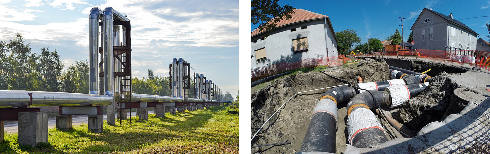 Auf den beiden Bildern sind Ober- und unterirdische Fernwärmerohre zu sehen.