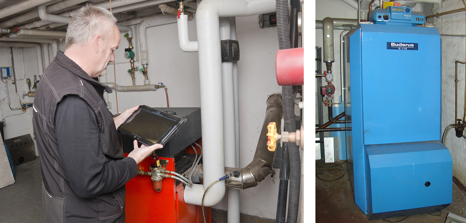 Das linke Bild zeigt einen älteren Mann, der eine Ölheizung bedient. Das rechte Bild zeigt einen Ölbrenner.