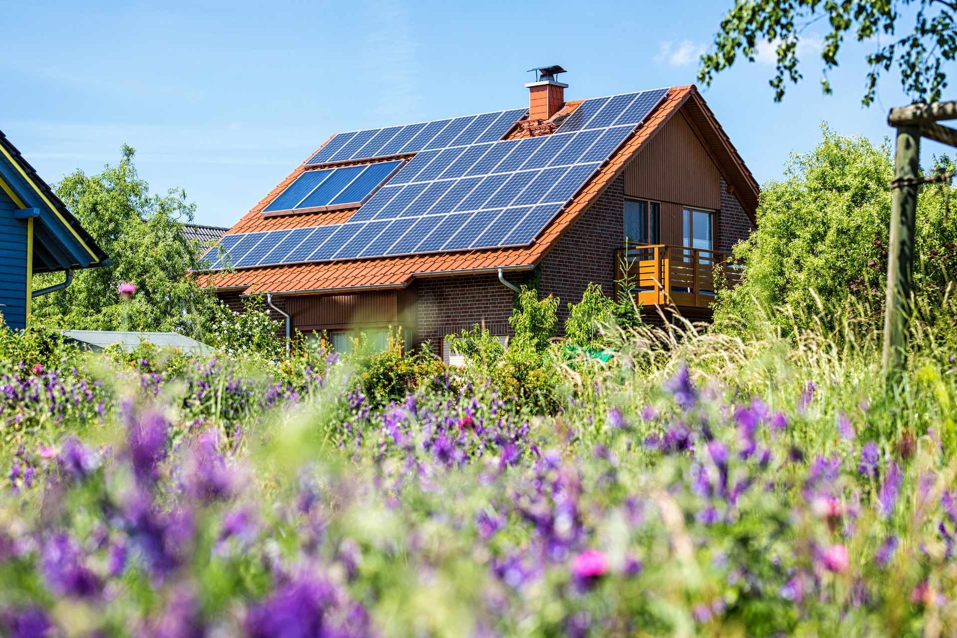 House with solar panels in summertime