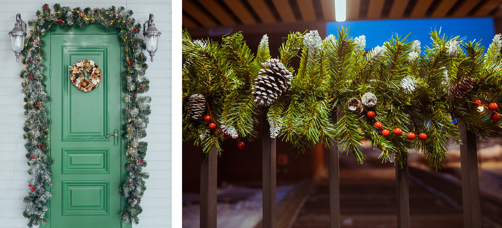 Eine Girlande aus Tannenzweigen schmückt eine Haustür und ein Balkongeländer.