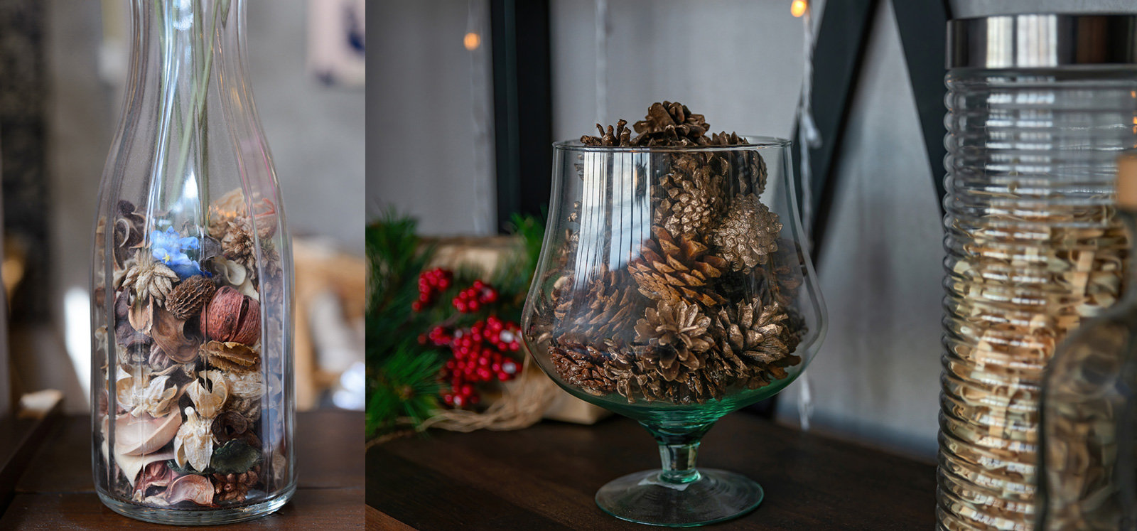 In Gläsern lassen sich winterliche Naturmaterialien und Lichterketten arrangieren.