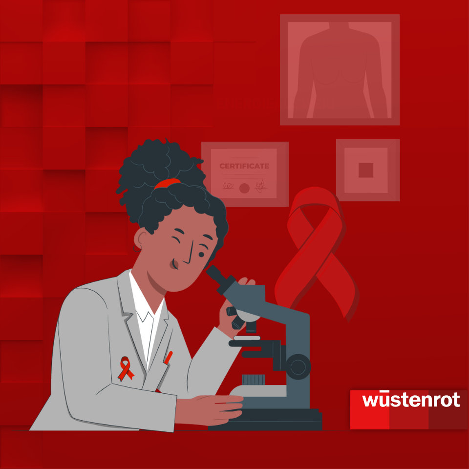 Grafik von einer Frau im Kittel, die durch ein Mikroskop sieht, dahinter die Pink Ribbon Schleife
