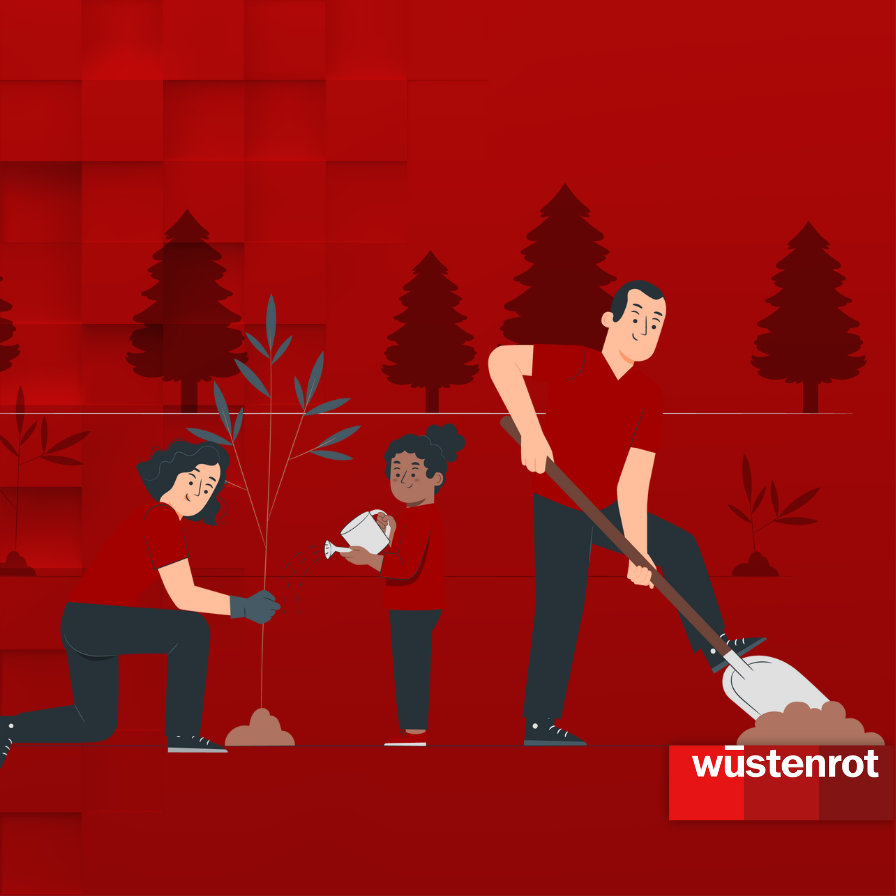 Grafik: Zwei Erwachsene und ein Kind machen Gartenarbeit und pflanzen einen Baum