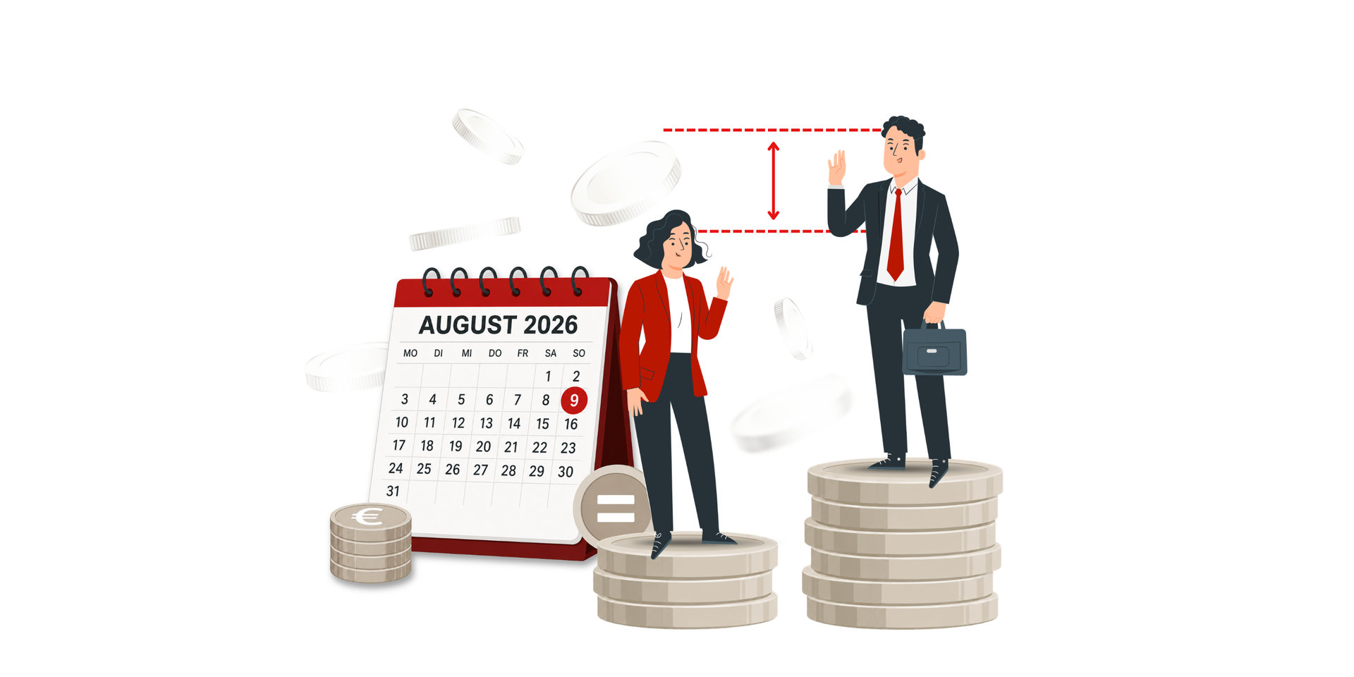 Zwei Geschäftsleute stehen auf unterschiedlich hohen Stapeln von Münzen vor einem Kalender mit der Aufschrift „August 2026“. Zwischen den Personen ist ein vertikaler Abstand mit roten Markierungen hervorgehoben, während Münzen durch das Bild fallen.