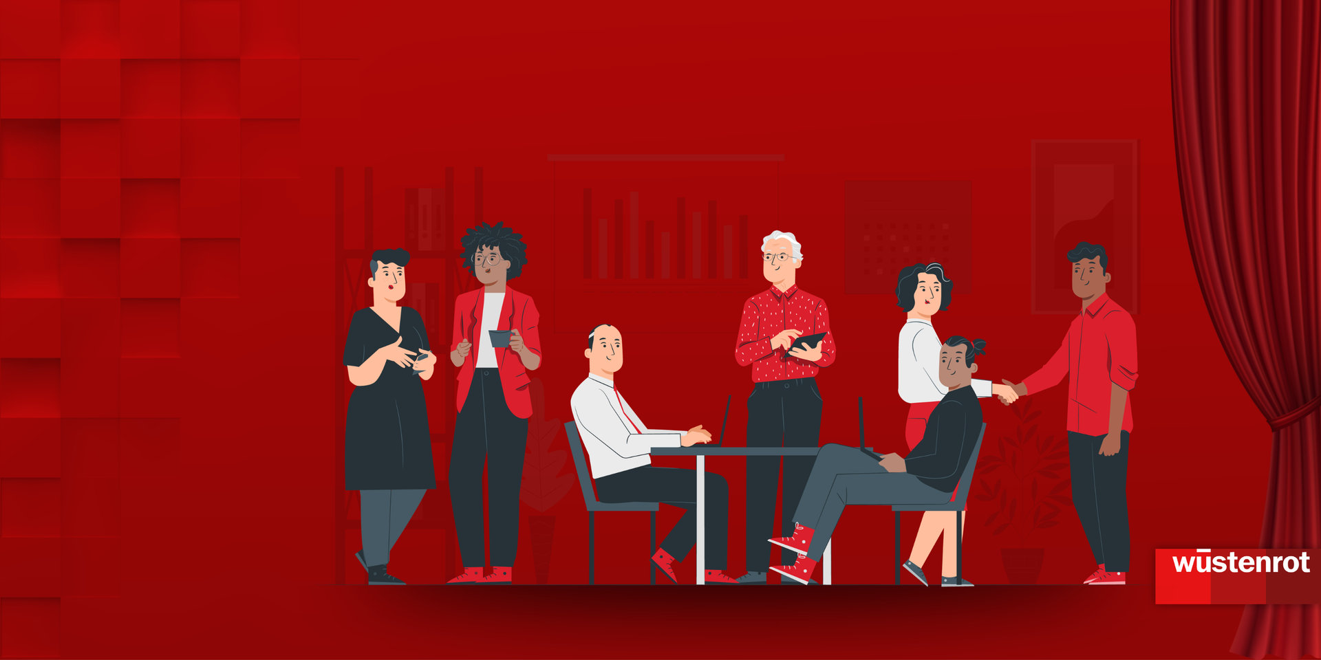 Mehrere Personen stehen und sitzen in einem rot gestalteten Raum, sprechen miteinander und geben sich die Hand. Rechts hängt ein roter Vorhang, unten rechts steht das Wüstenrot‑Logo.