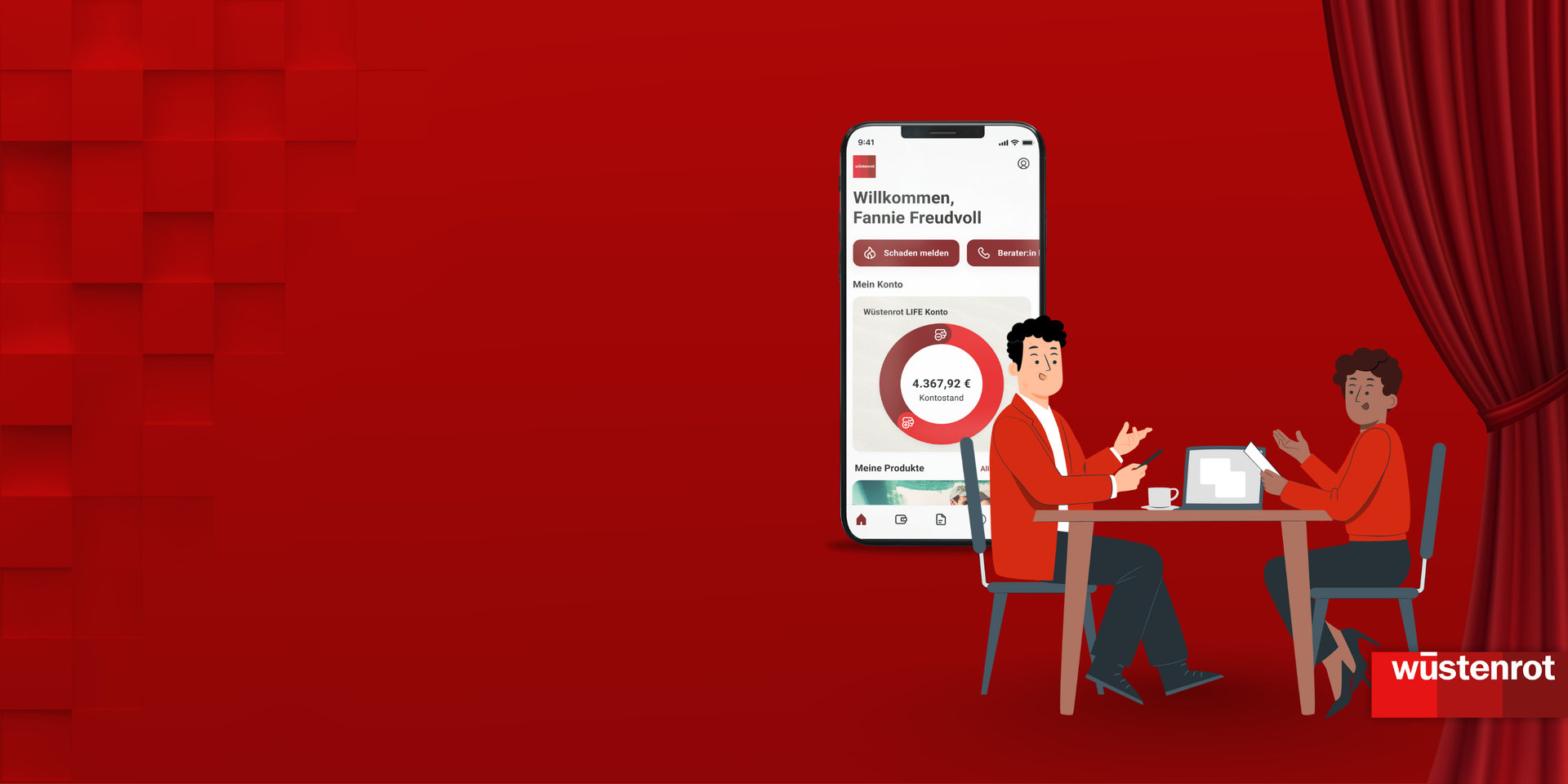 Zwei Personen sitzen an einem Tisch und führen eine Beratung mit der Wüstenrot App durch