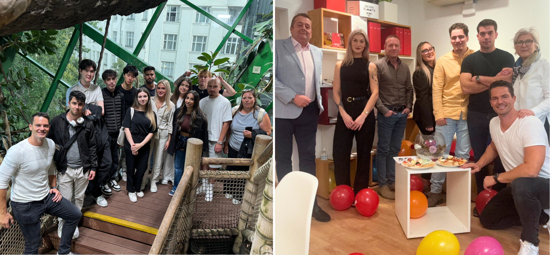 Junges Team steht im Haus des Meeres auf Treppen und lächeln in die Kamera, auf dem Bild daneben ist ein anderes Team zu sehen, das in einer fröhlich geschmückten Filiale mit bunten Luftballons in die Kamera lächelt