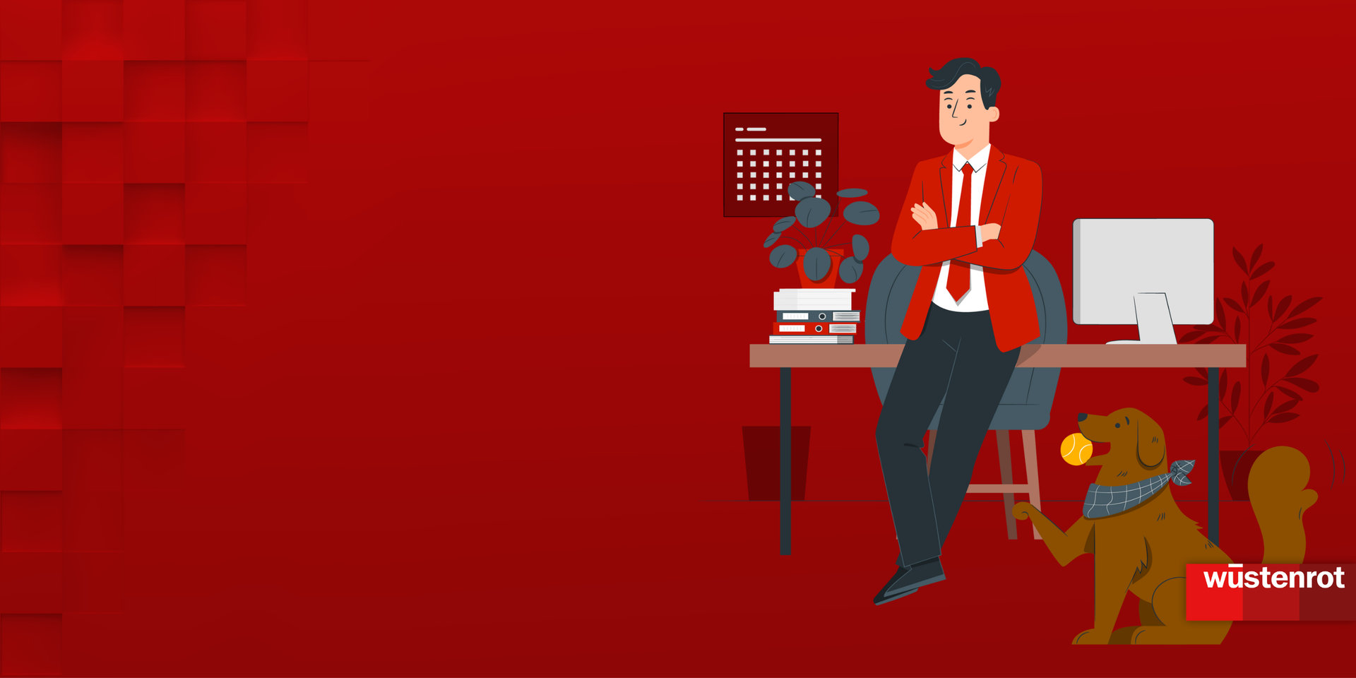 Mann lehnt an einem Schreibtisch, Hund sitzt daneben und hat einen Ball im Maul