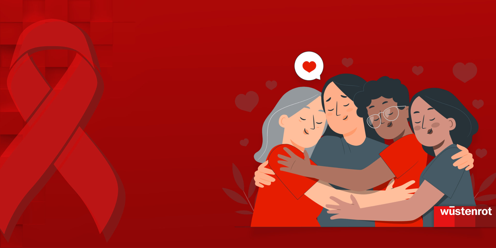 Vier Frauen, die sich umarmen mit der Schleife von Pink Ribbon daneben