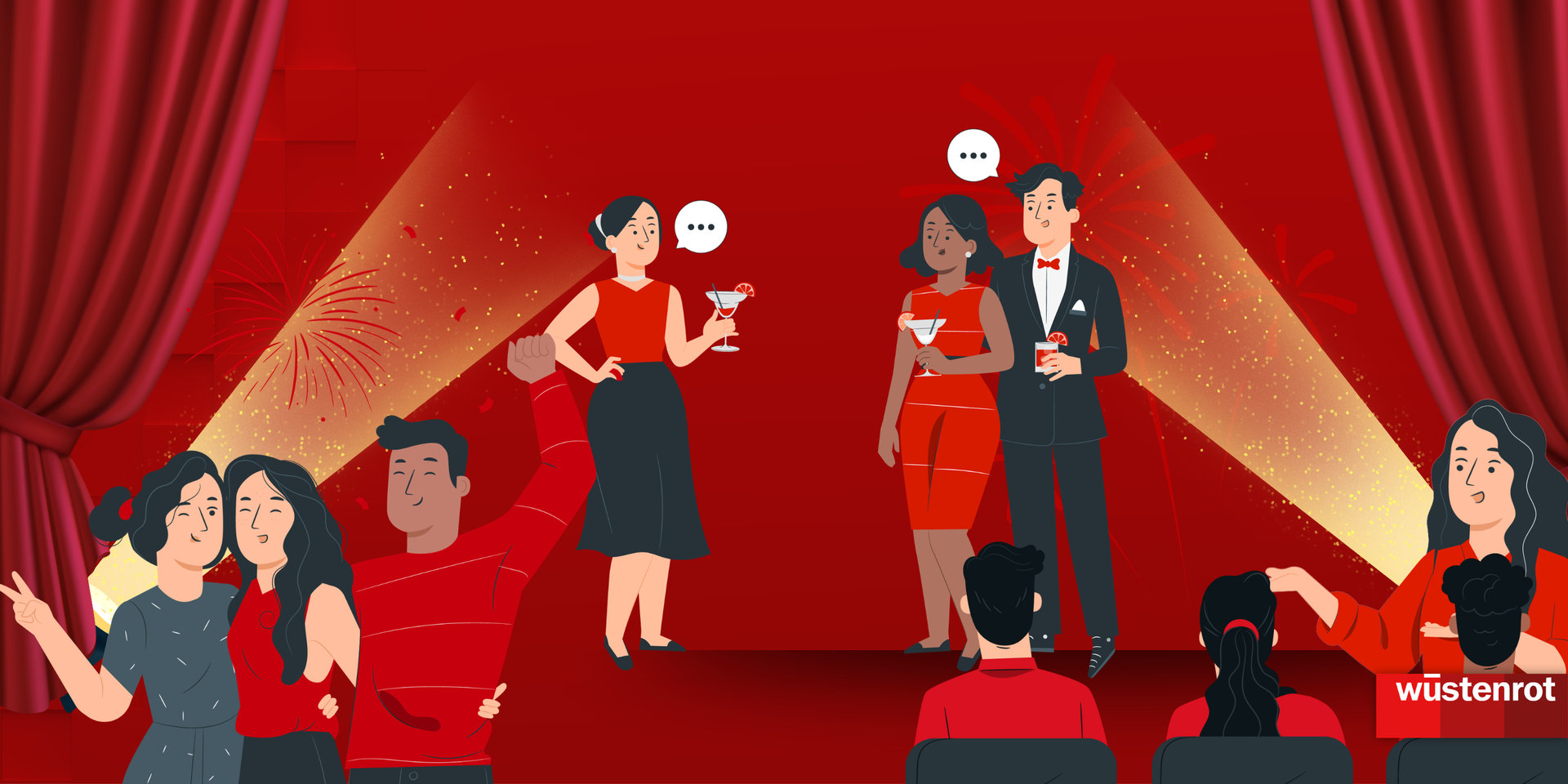 Festliche Bühnen­szene in Rot‑Gold mit elegant gekleideten Personen und Licht­effekten im Hintergrund.