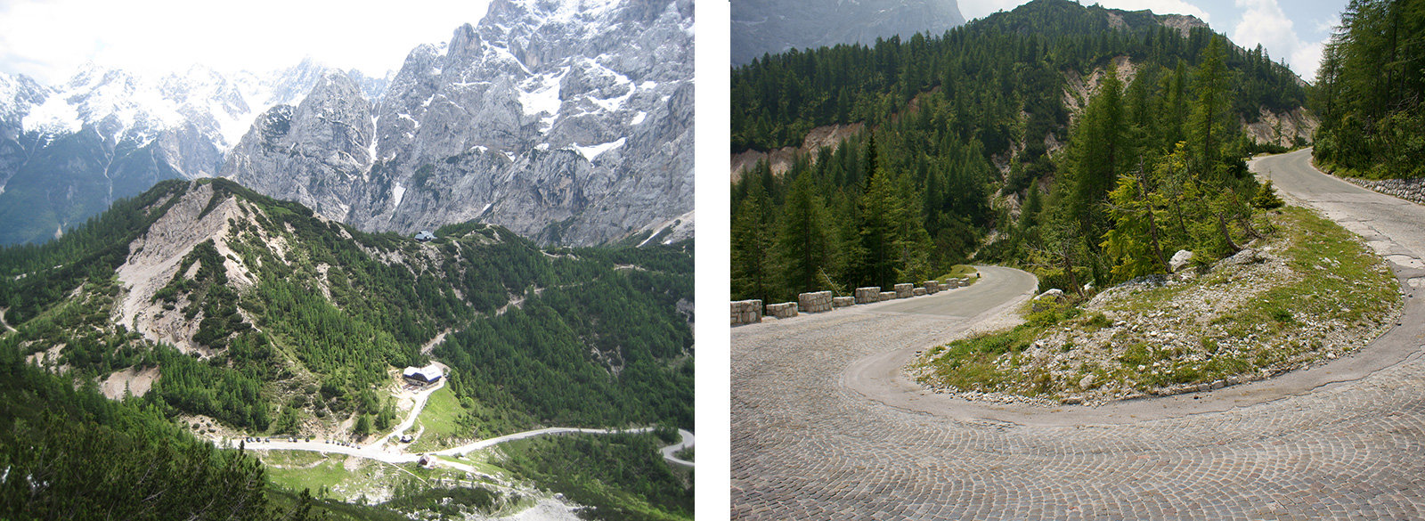 links: Blick auf den Vršič Pass, rechts: Haarnadelkurve auf der Passstraße