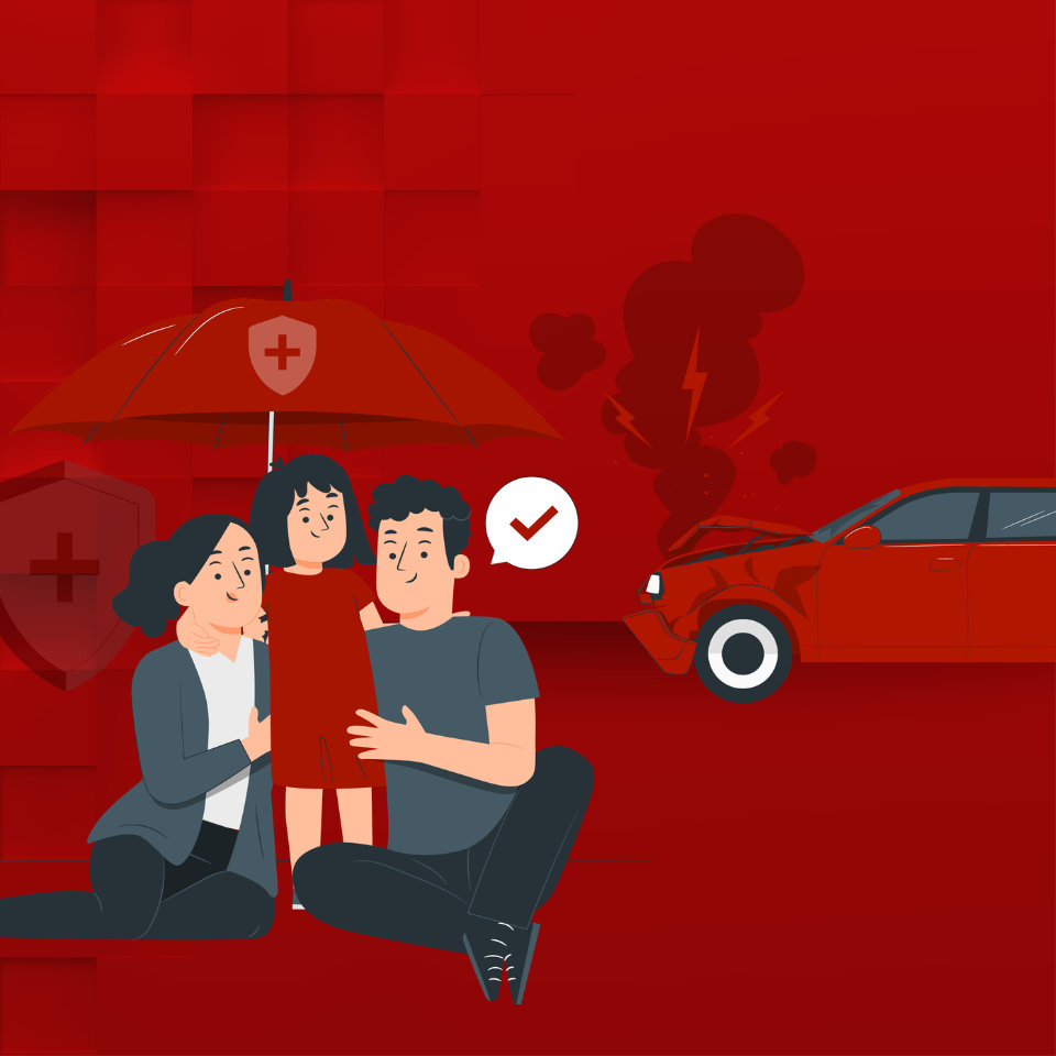 Familie mit Kind unter einem Schutzschirm neben einem beschädigten Auto – Symbol für Sicherheit und Unterstützung nach einem Unfall.