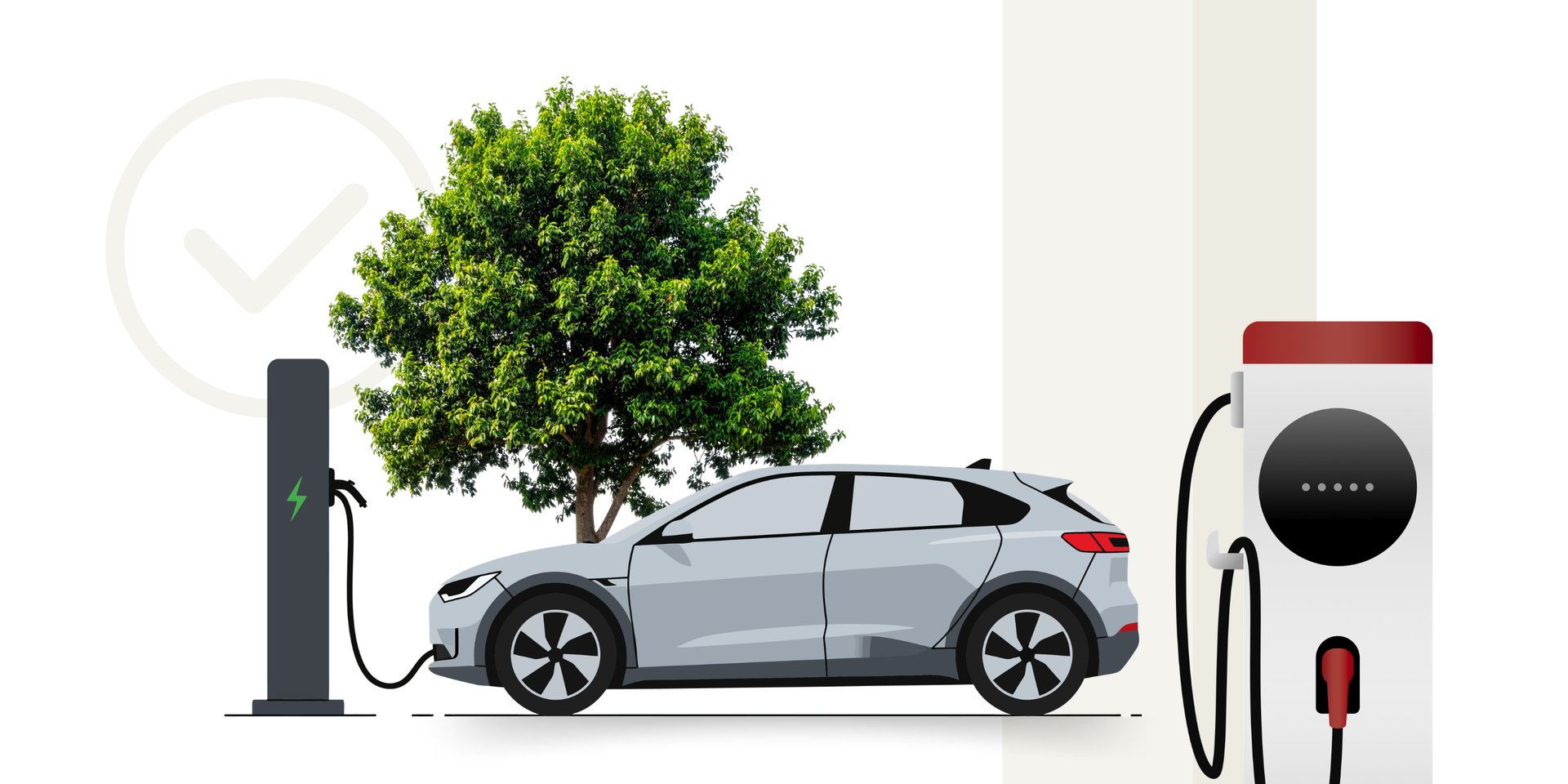 Elektroauto, das an einer Ladestation geladen wird. Im Hintergrund steht ein großer grüner Baum; links und rechts sind Ladesäulen dargestellt.