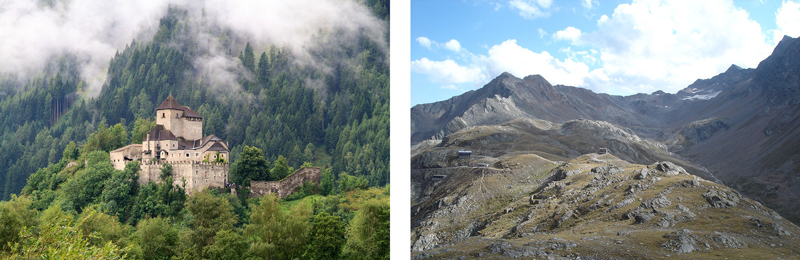 links: Burg Reifenstein, rechts: Passkamm des Timmelsjochs von Norden