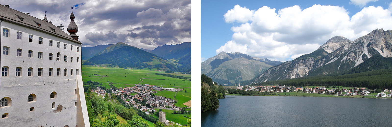 links: Blick von der Abtei Marienberg auf die Malser Haide, rechts: der Haiderseee
