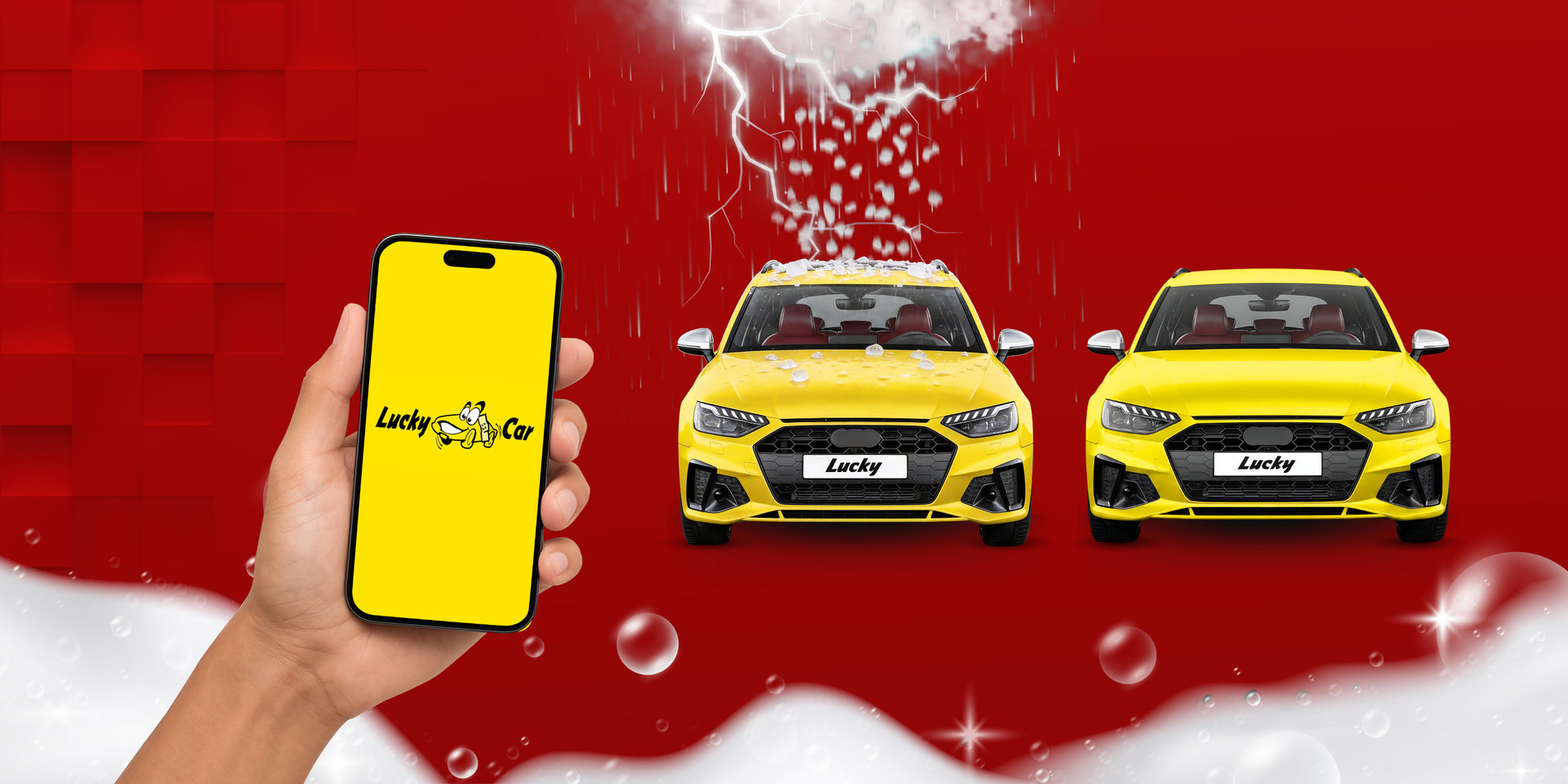 Auto mit Hagelschaden und einem Handy mit dem Lucky Car Reperaturservice