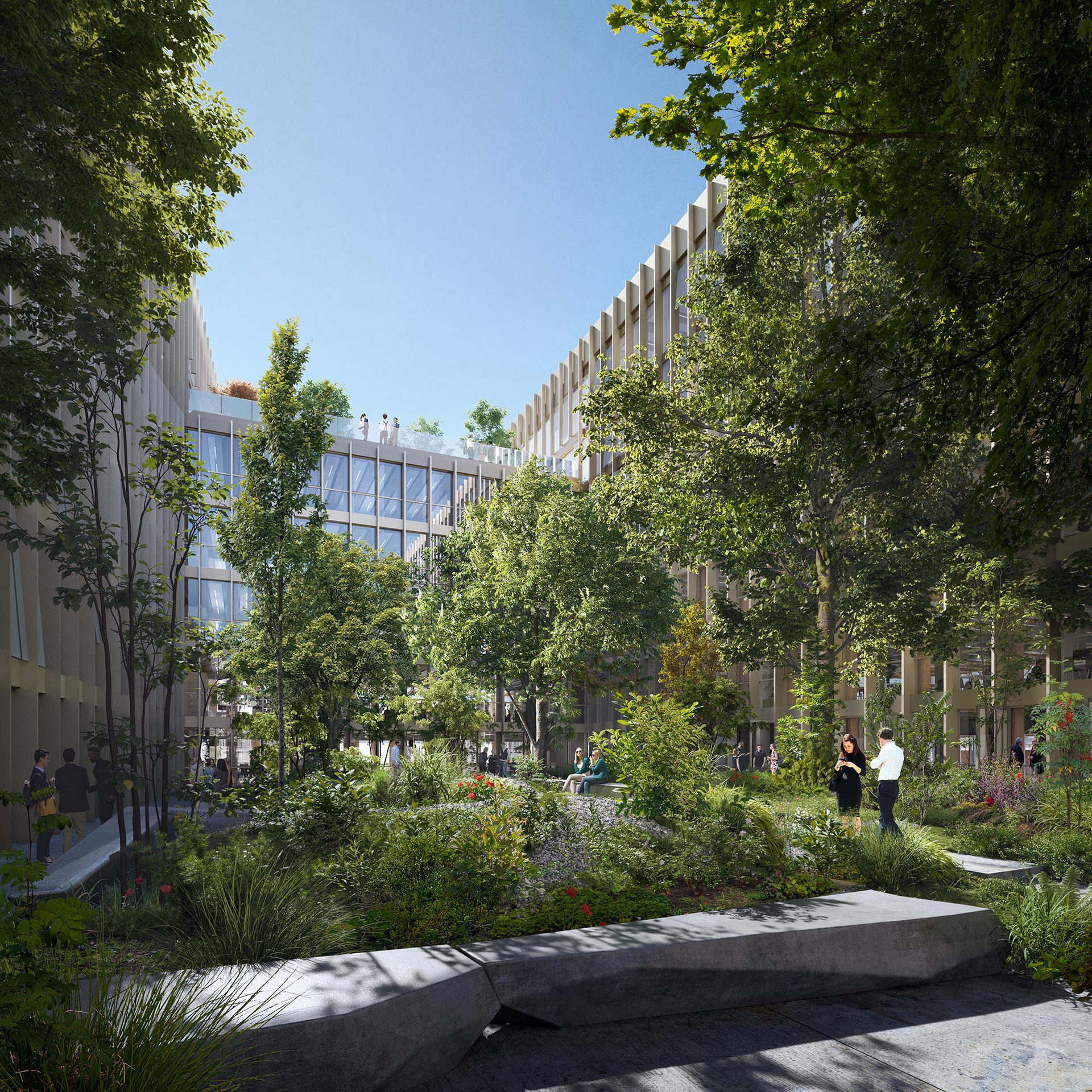 Ein Garten zwischen Bürogebäuden