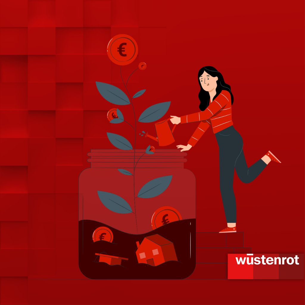 frau wässert symbolisch eine pflanze aus der geld wächst