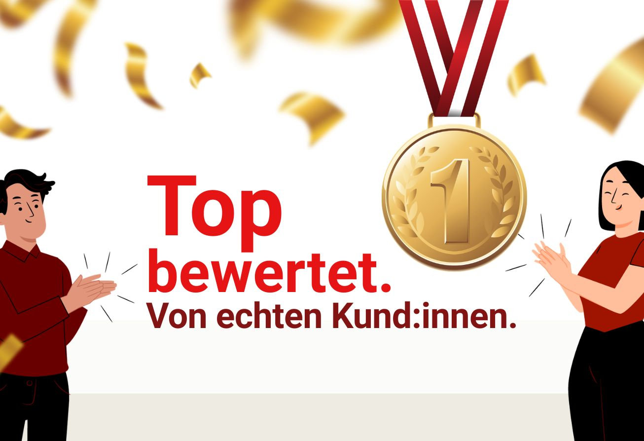 Ein Mann und eine Frau applaudieren, in der Mitte ist eine große Medaille und der Schriftzug: Top bewertet von echten Kund:innen.