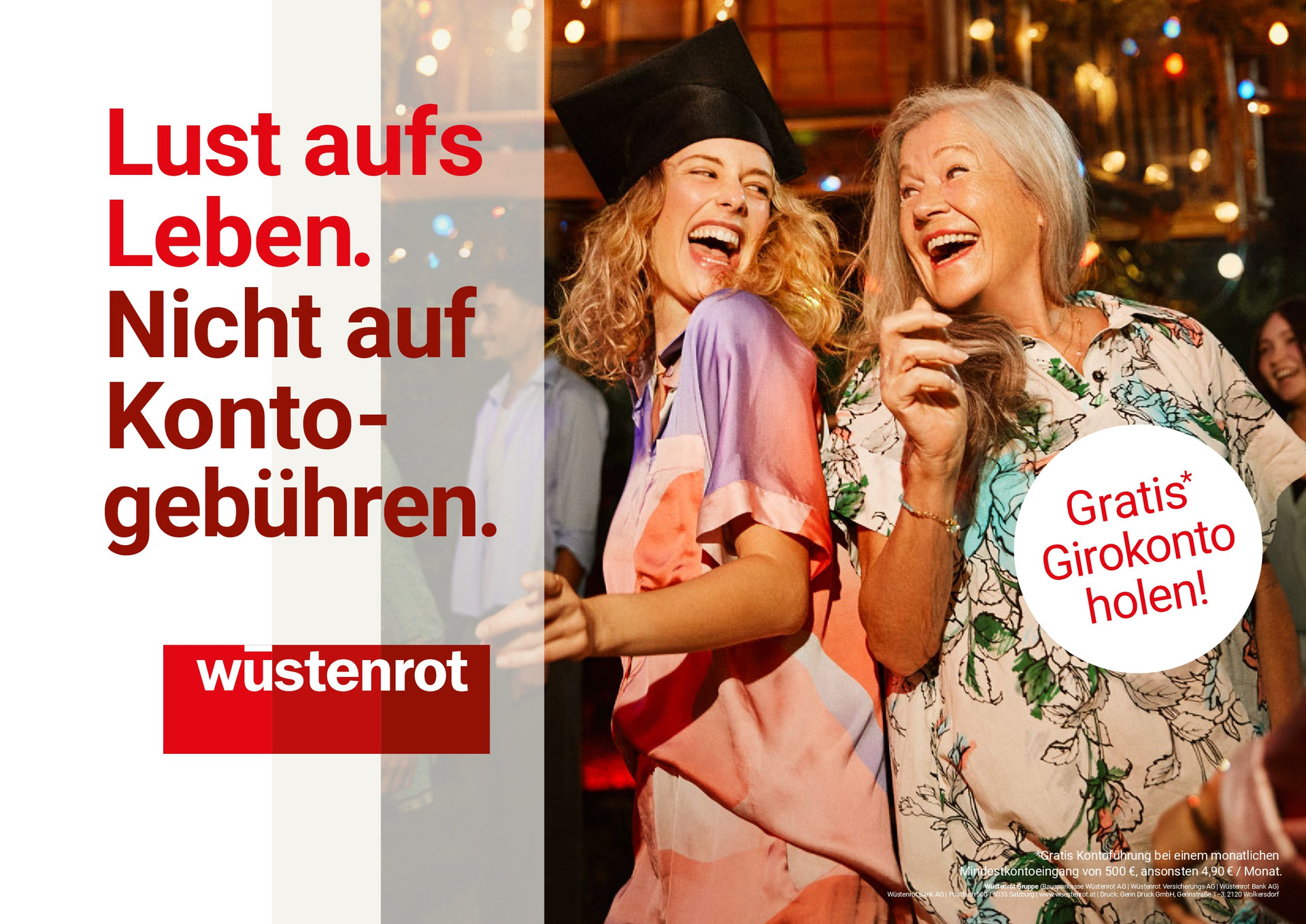 Eine junge und eine ältere Frau feiern - daneben steht "Lust aufs Leben. Nicht auf Konto-Gebühren." und "Gratis Girokonto holen!"