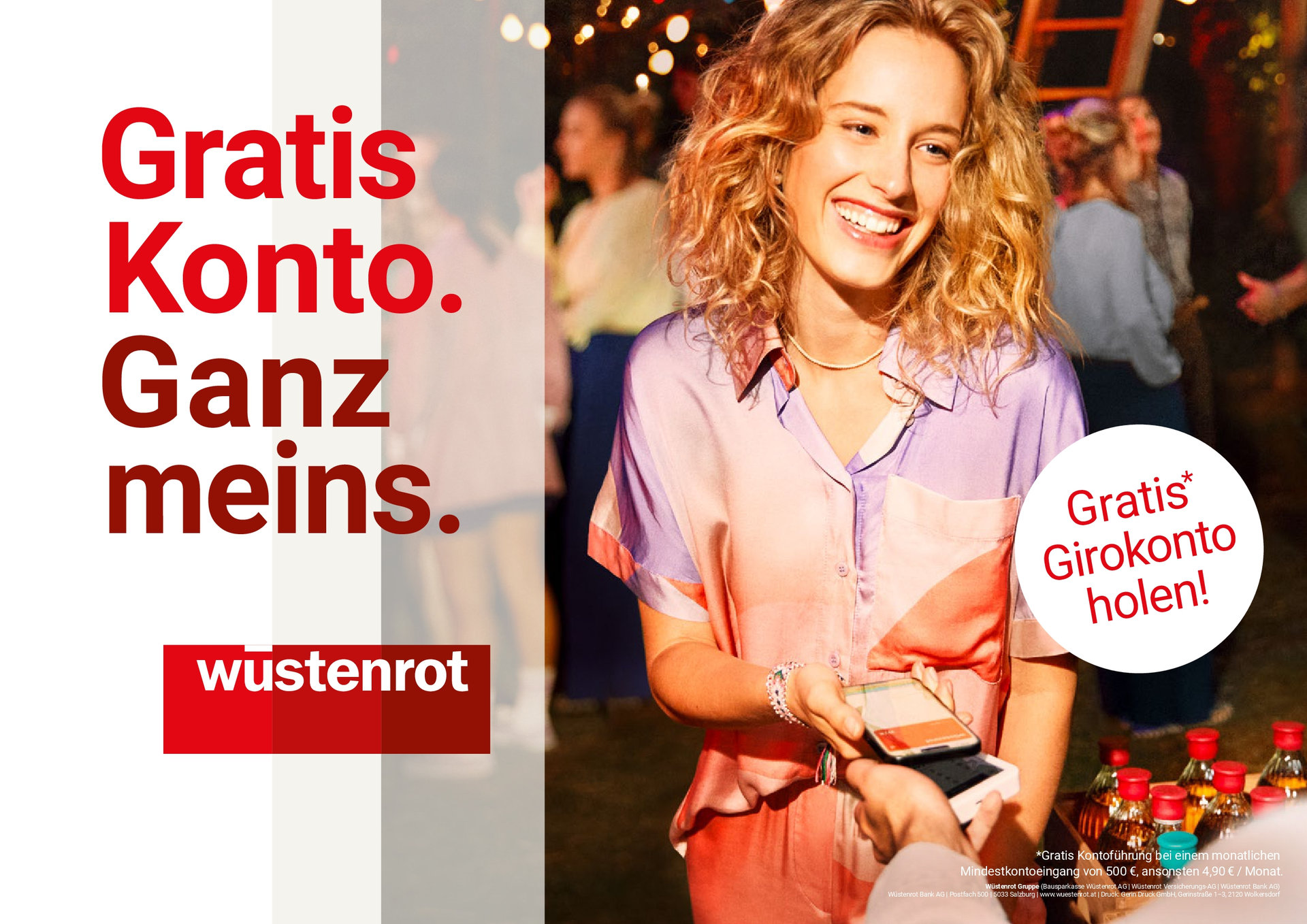 Eine junge Frau bezahlt mit ihrem Smartphone - daneben steht "Gratis Konto. Ganz meins." und "Gratis Girokonto holen!"