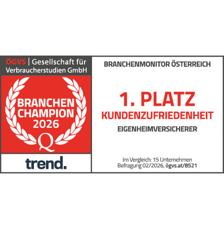 ÖGVS-Auszeichnung für Wüstenrot als Branchenchampion (1. Platz) in der Eigenheimversicherung, Kategorie Kundenzufriedenheit