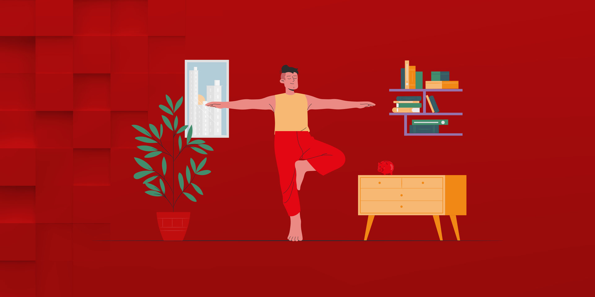Illustration Mann macht Yoga im Wohnzimmer