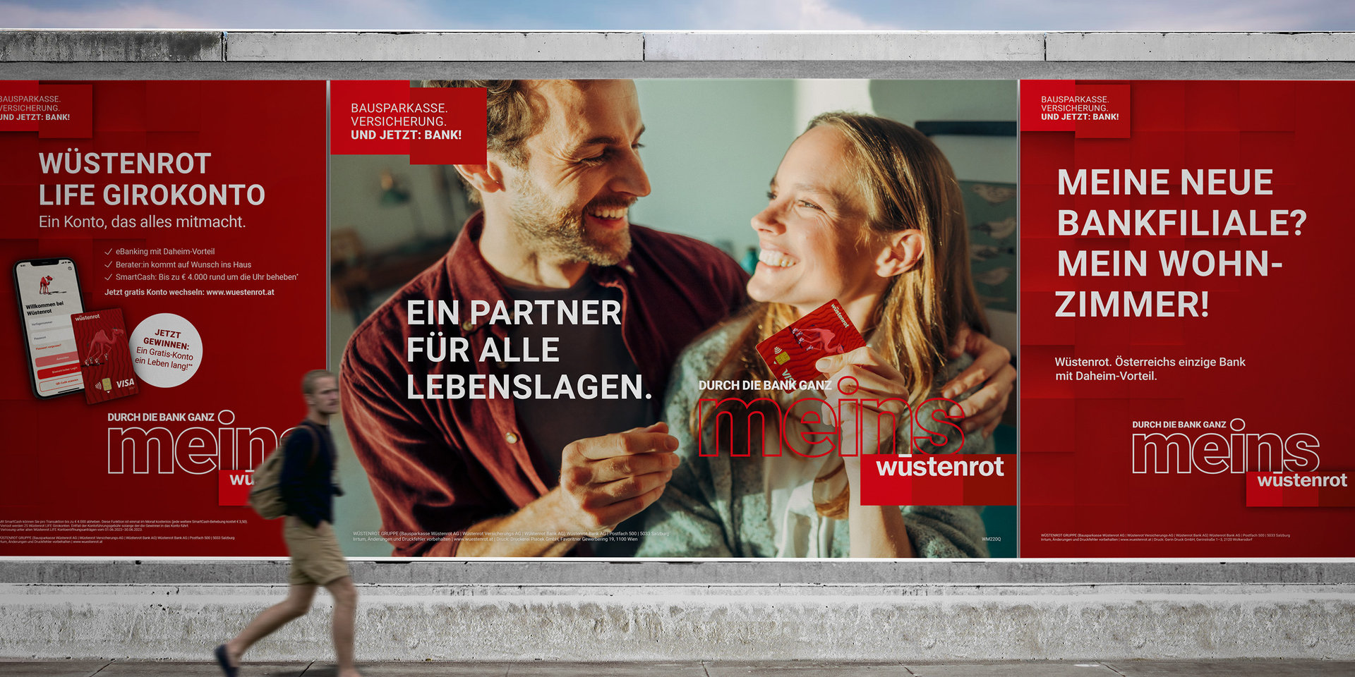Plakat für die Wüstenrot Bank mit dem Slogan: ein Partner für alle Lebenslagen. Meine Neue Bankfiliale? Mein Wohnzimmer!