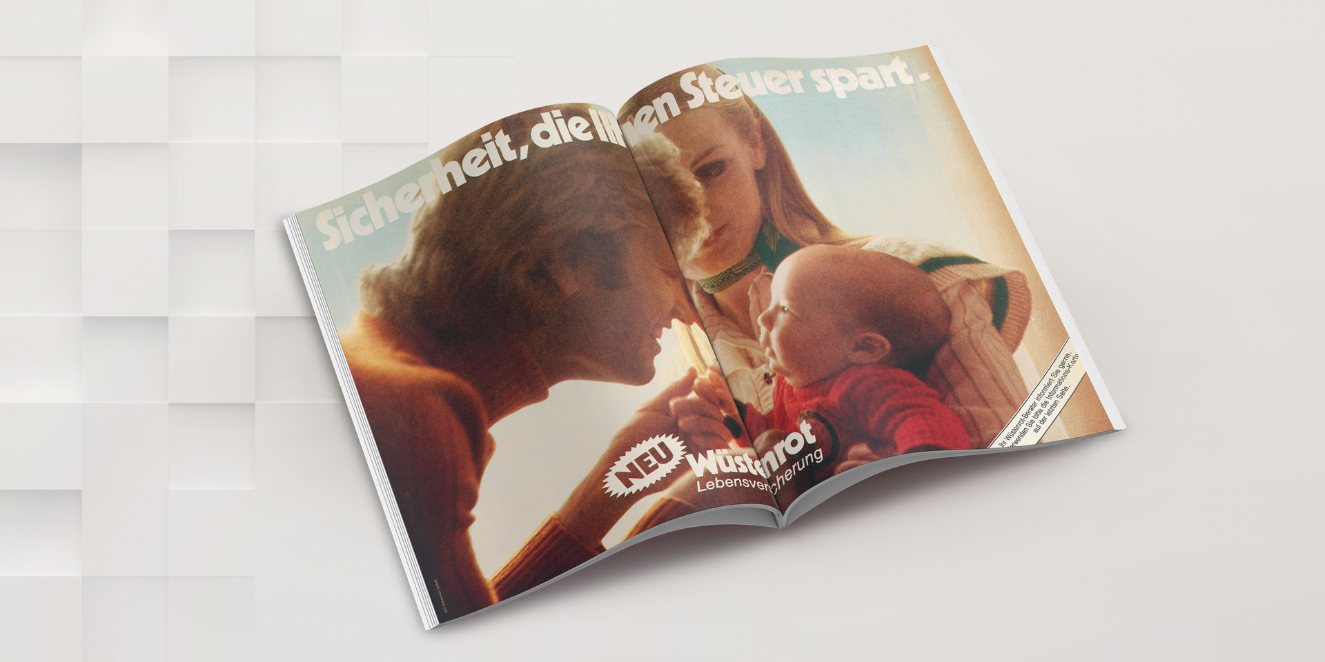 Altes Werbesujet aus den 70er-Jahren der Wüstenrot Lebensversicherung mit einer Familie