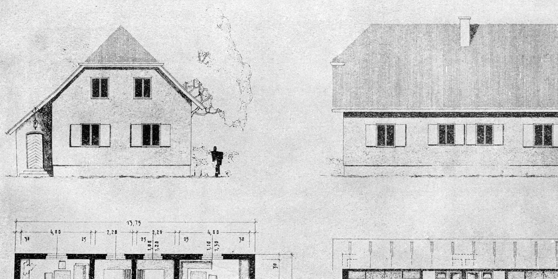 Alte Zeichnung von Einfamilienhäusern aus dem Wüstenrot Kundenmagazin