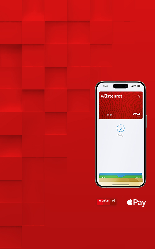 Auf einem roten Kachelhintergrund ist ein iPhone zu sehen auf welchem die Wallet geöffnet ist und die Wüstenrot Bankkarte für die mobile Bezahlung zu sehen ist.